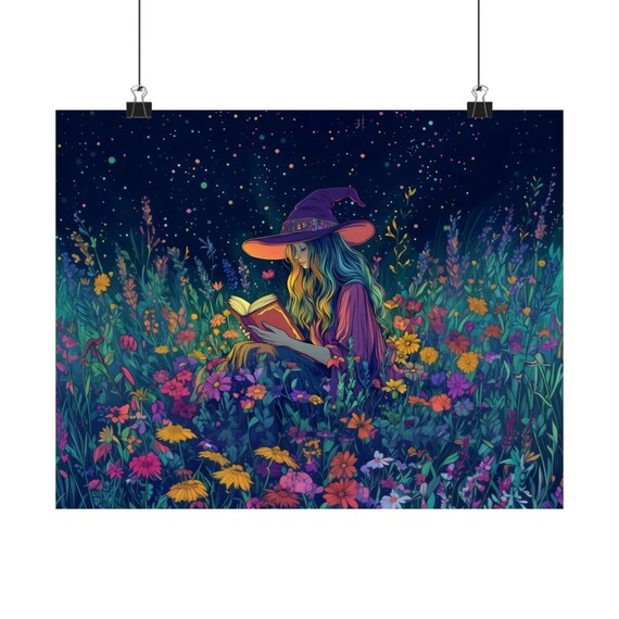 Witch With Purple Hat Reading Beneath a Starry Night Wildflower Field Poster
