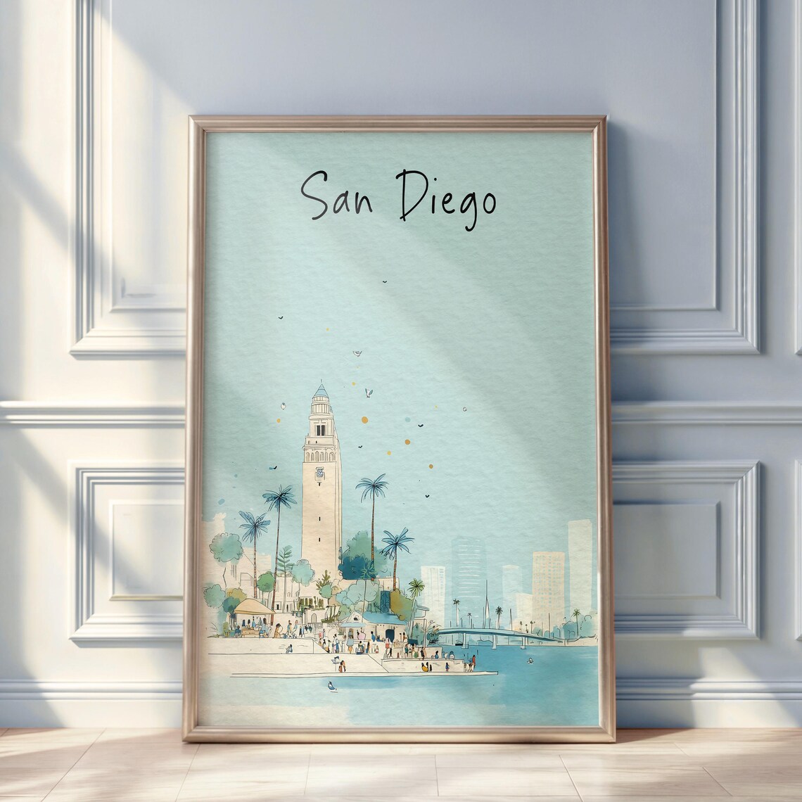 San Diego Watercolor Travel Poster, Minimal City Art Print