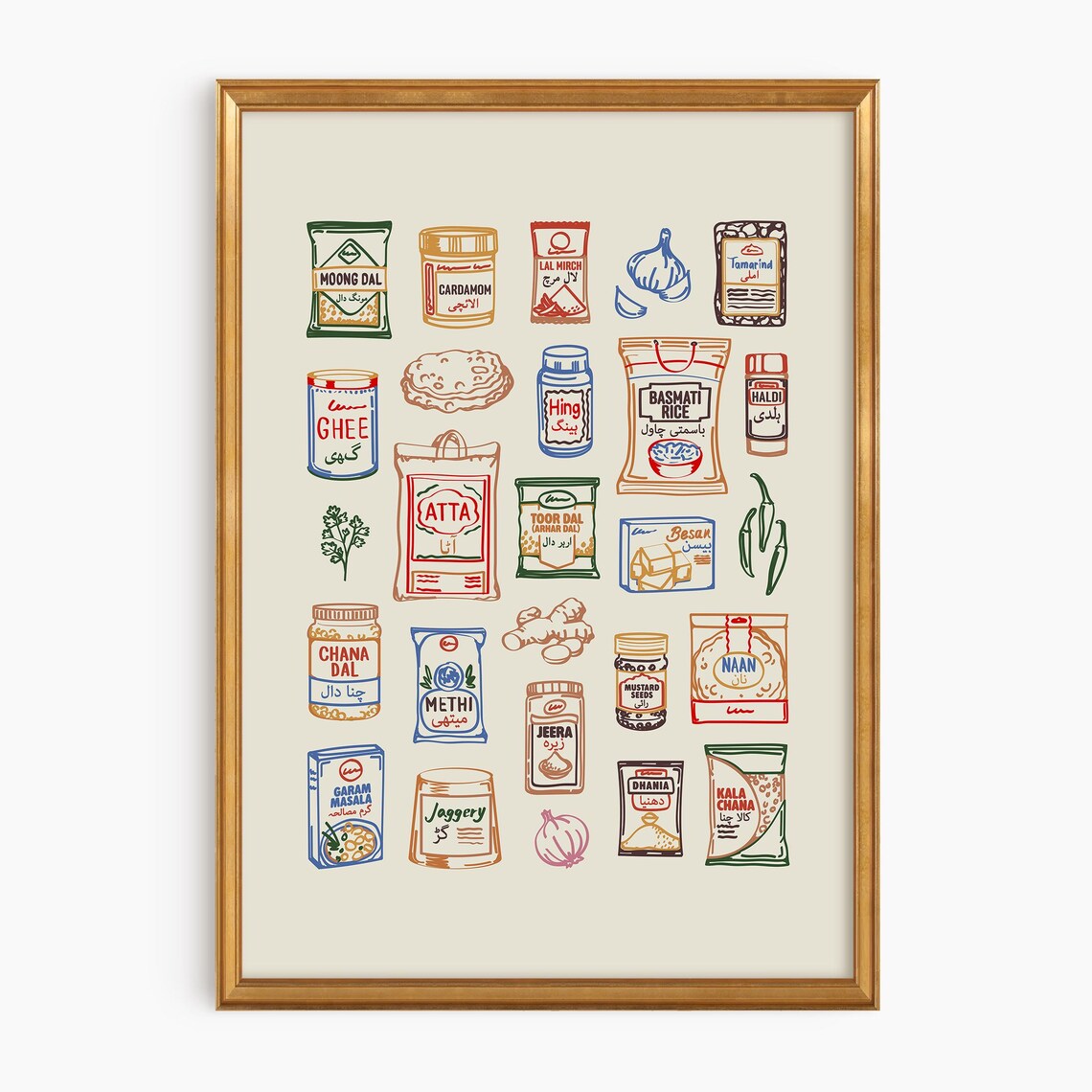 Indian Pantry Spices Dal Ghee Masala Colorful Kitchen Illustration Poster