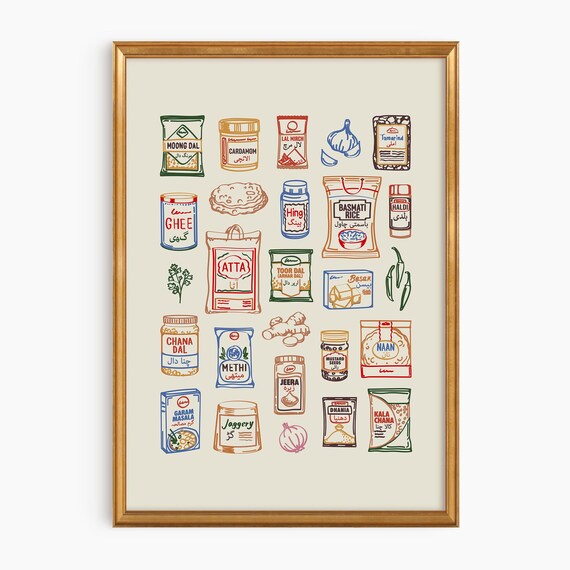 Indian Urdu Pantry Wall Art Print India Kitchen Decor Food Illustration Masala Spices Basmati Rice Ghee Dal Bistro Poster
