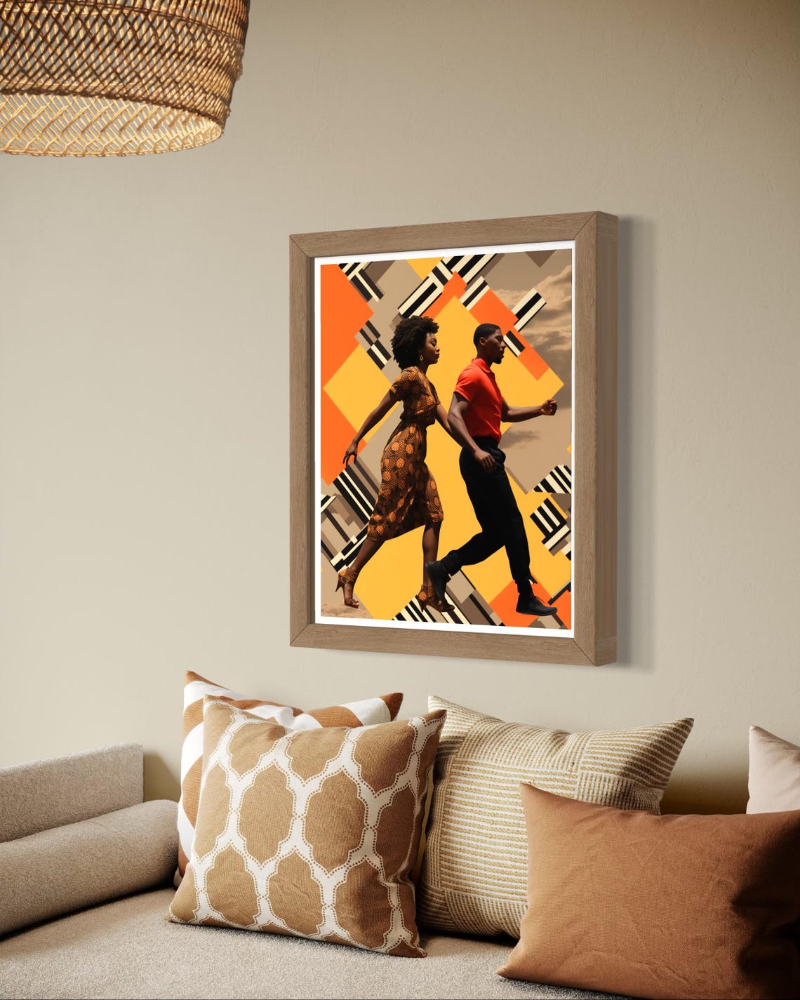 Afro Couple Walking Geometric Orange Retro Background Art Print - Image 4
