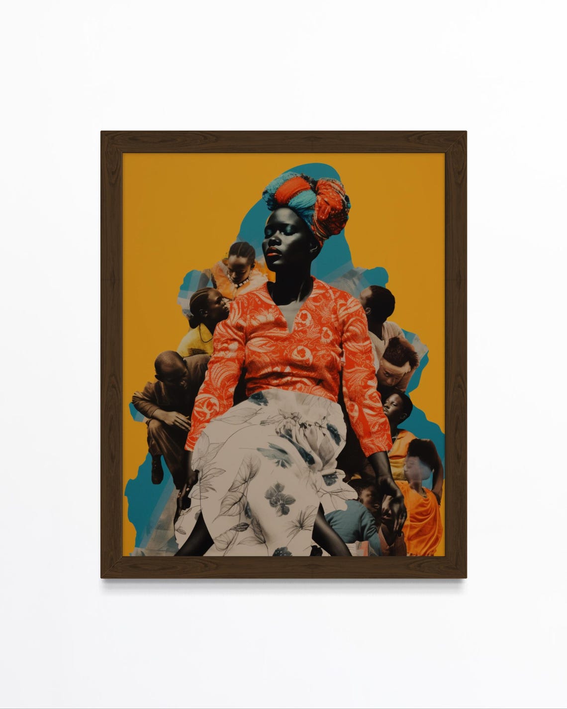 African Woman Collage Orange Blouse Mustard Family Art Poster