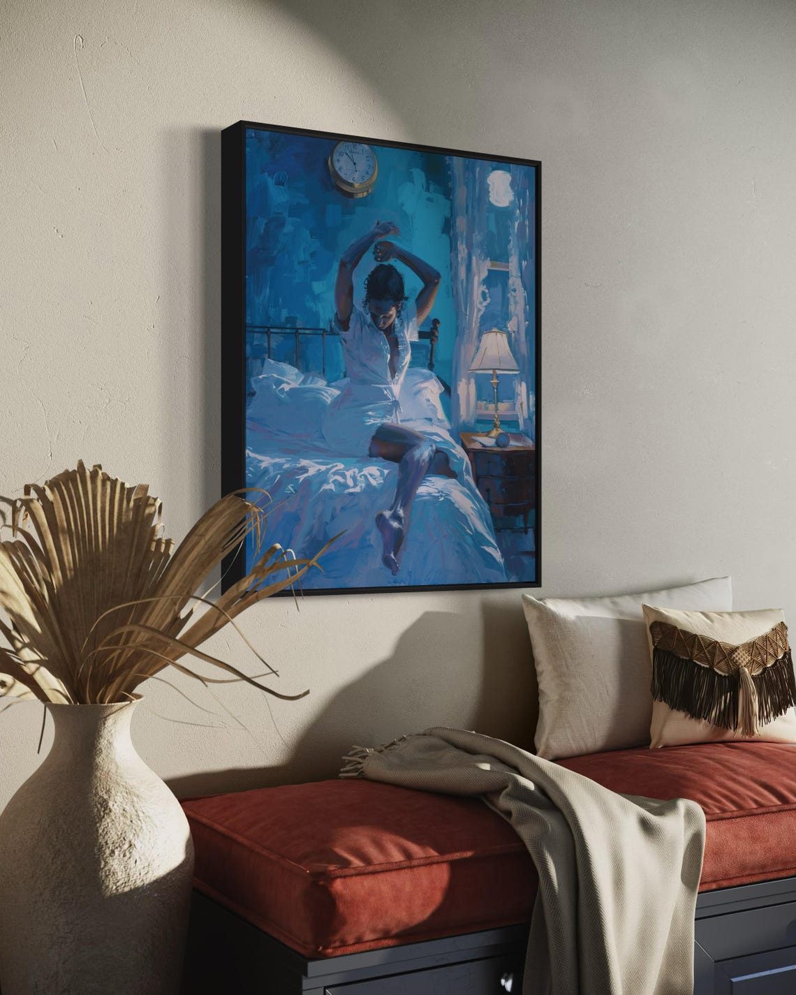 Blue Night Woman Stretching Bed Dreamy Moonlit Bedroom Art Poster - Image 6