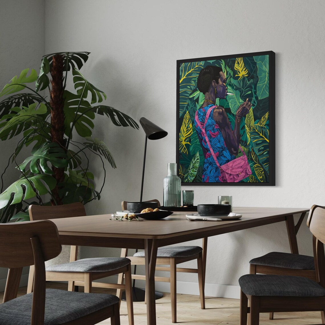 Black Woman in Blue Dress Smoking Cigarette Jungle Leaf Art Poster - Image 2