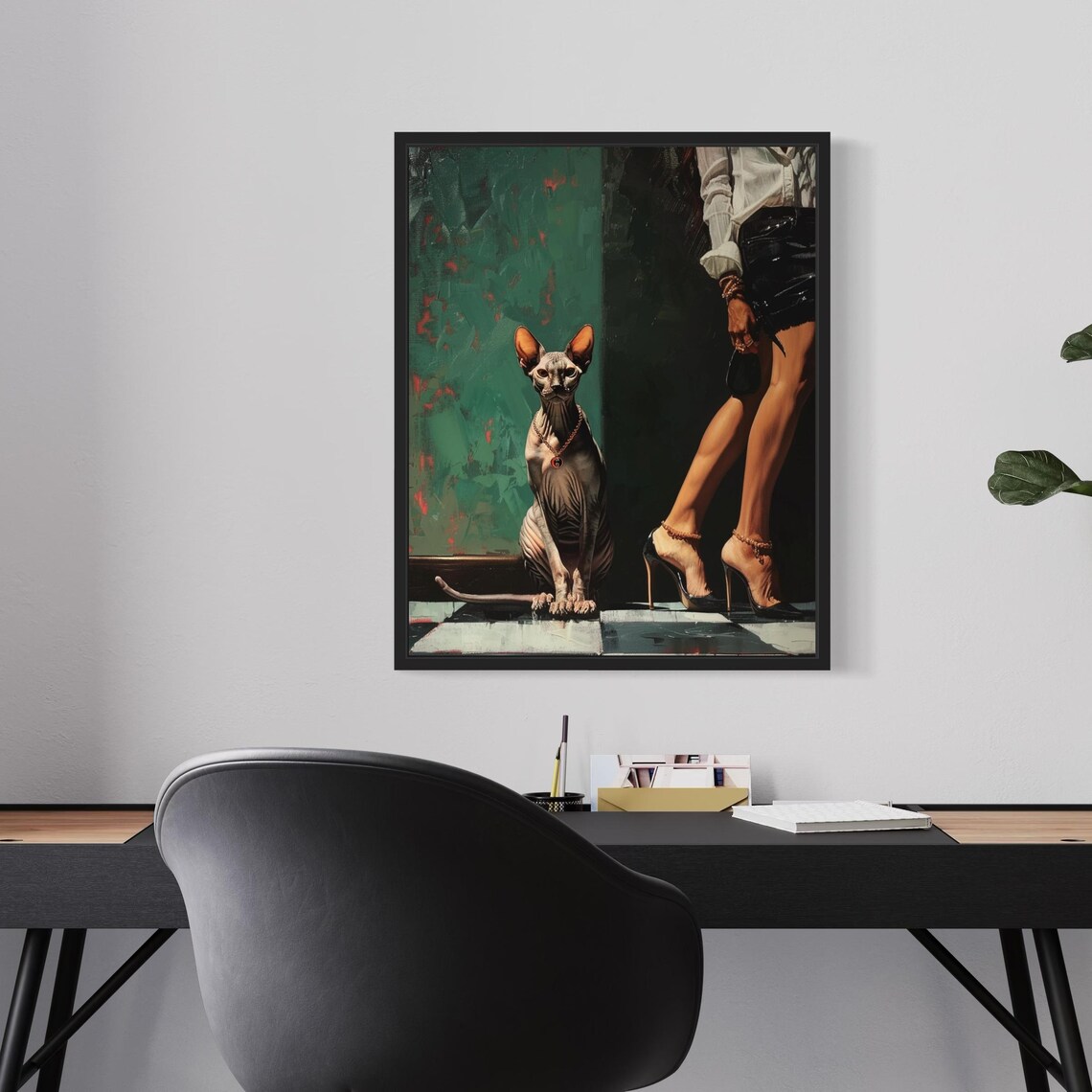 Sphynx Cat With Gold Necklace Beside Woman in Heels Art Poster - Image 5
