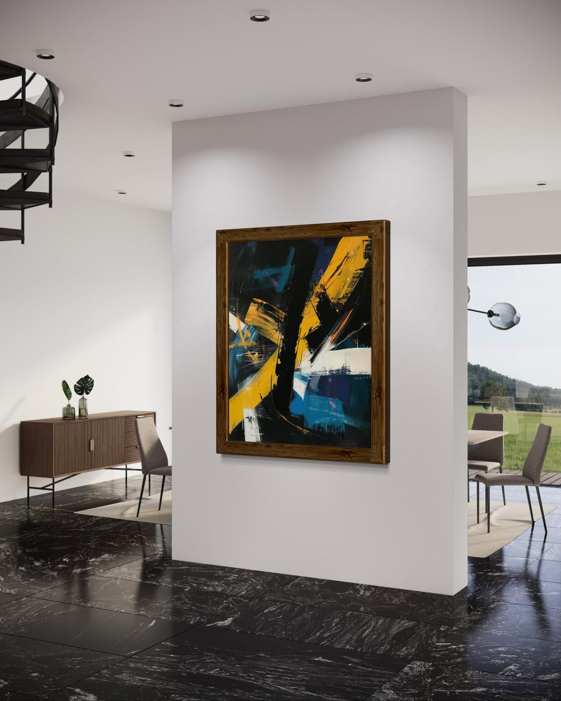 Dark Abstract Painting Yellow Blue White Bold Modern Wall Art - Image 5