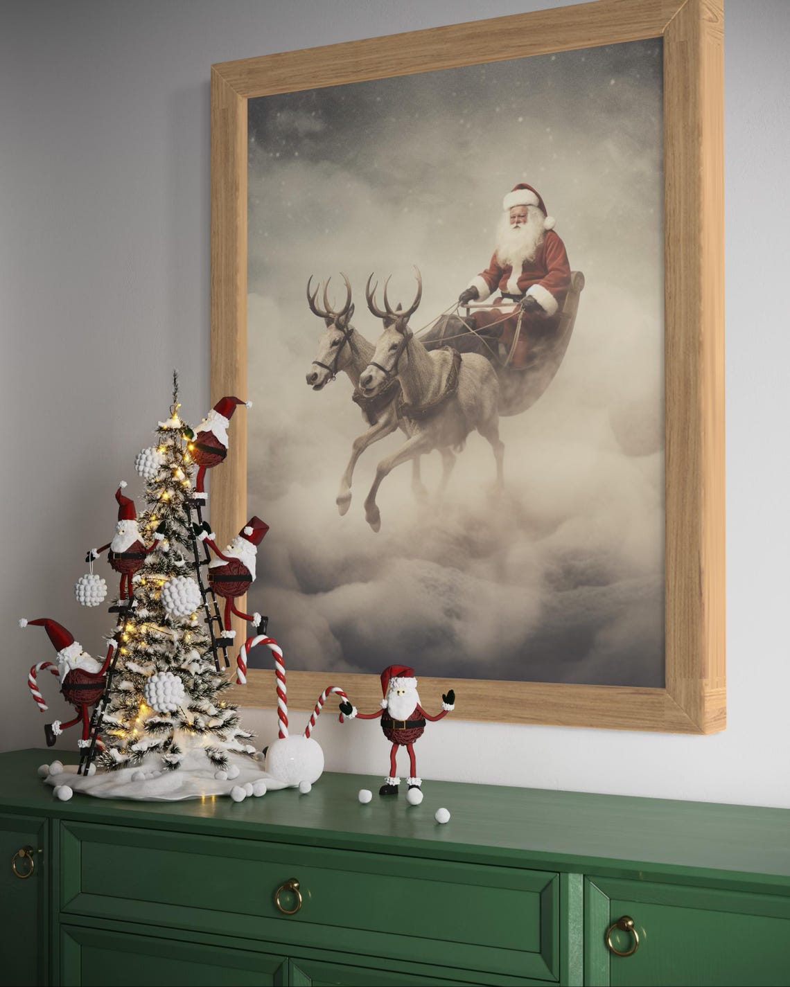 Santa Claus Flying Sleigh With Reindeer Dreamy Winter Sky Poster - Image 3