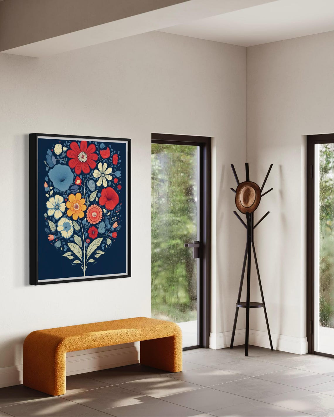 Folk Flower Bouquet On Dark Navy Red Orange Blossom Art Poster - Image 2