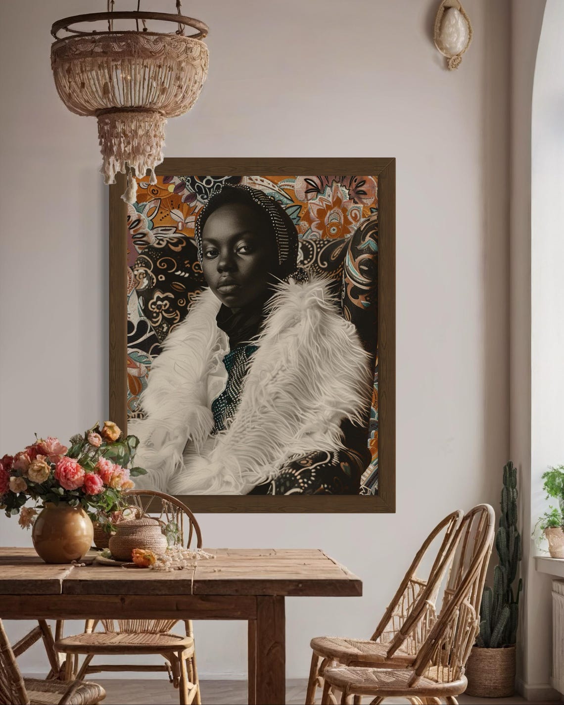 Black Woman White Feather Coat Boho Glam Portrait Art Poster - Image 7