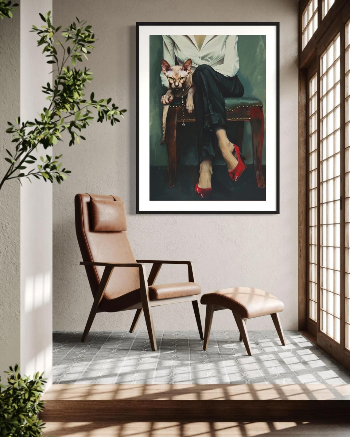 Elegant Woman Red Heels Sphynx Cat Modern Glam Portrait Art Print - Image 3