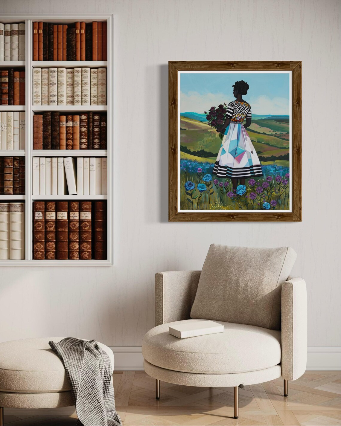 African Woman With Floral Bouquet Art Afrocentric Nature Wall Art Vibrant Black Girl Painting Modern African Landscape Print - Image 7