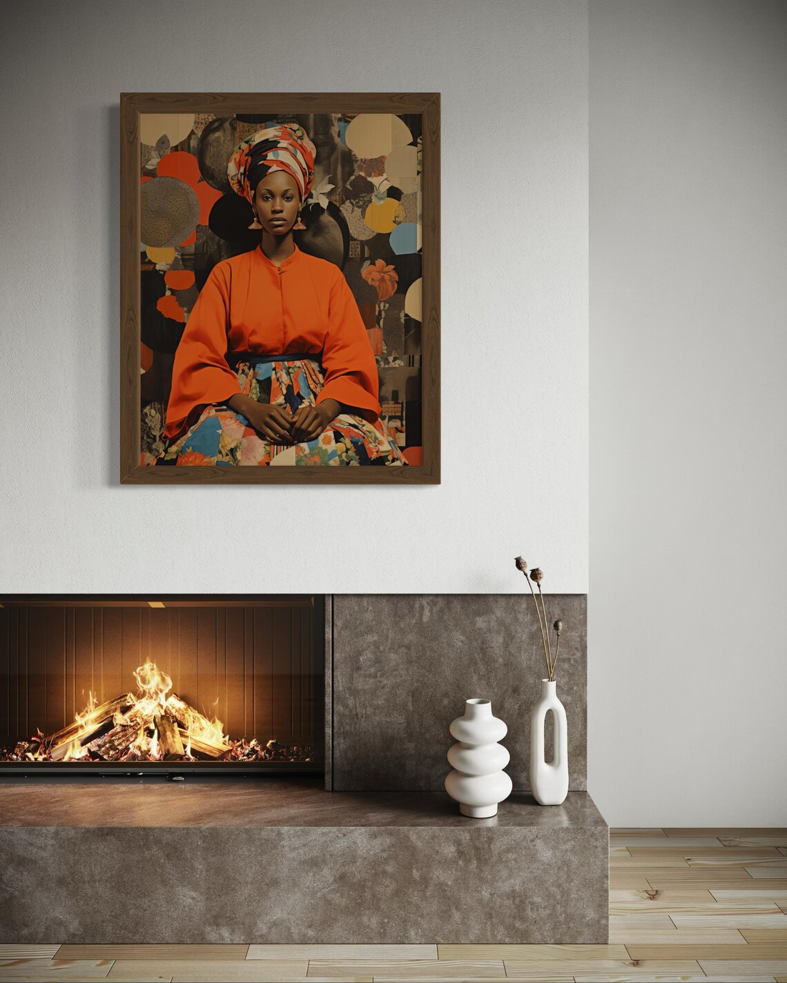African Woman Orange Tunic Floral Skirt Elegant Portrait Poster - Image 4