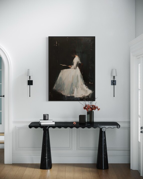Elegant Woman Reading Dark Moody Painting Vintage Minimalist Art Print