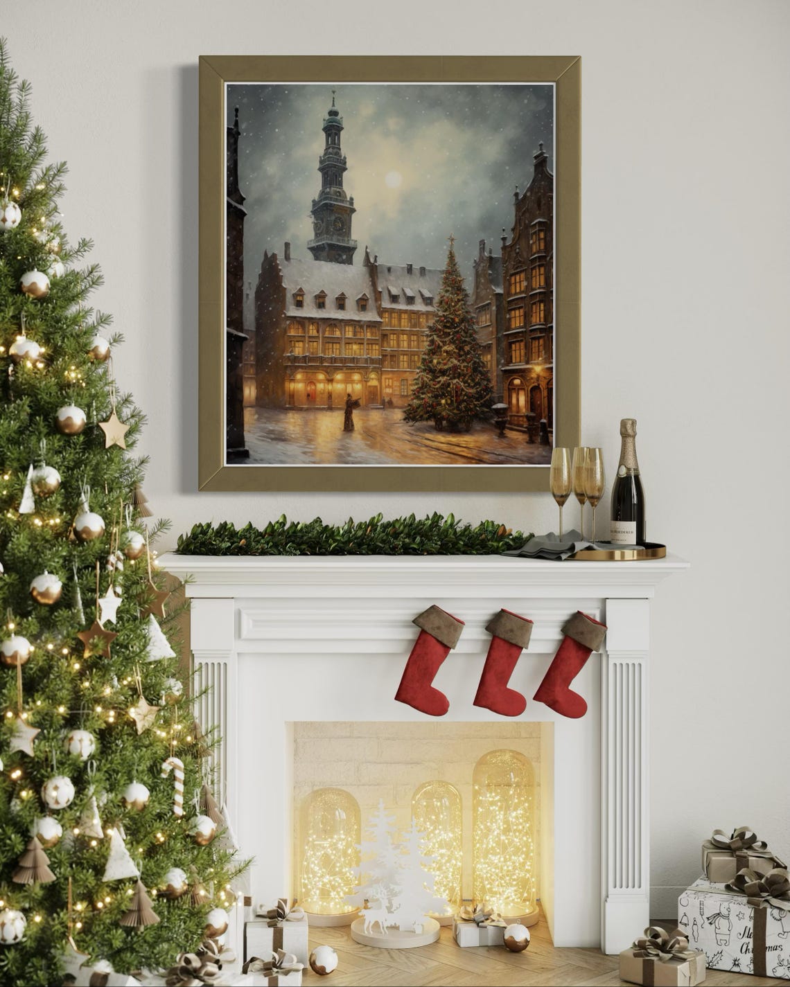 Snowy European Town Square Clock Tower Christmas Scene Poster - Image 4
