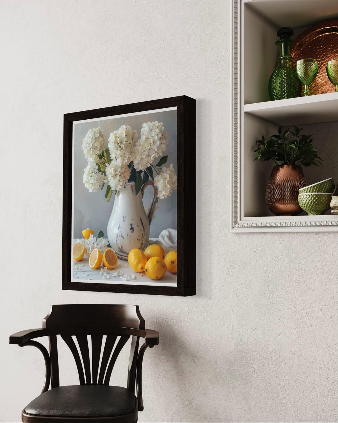 White Hydrangea Jug Sliced Lemons Rustic Kitchen Floral Poster - Image 3