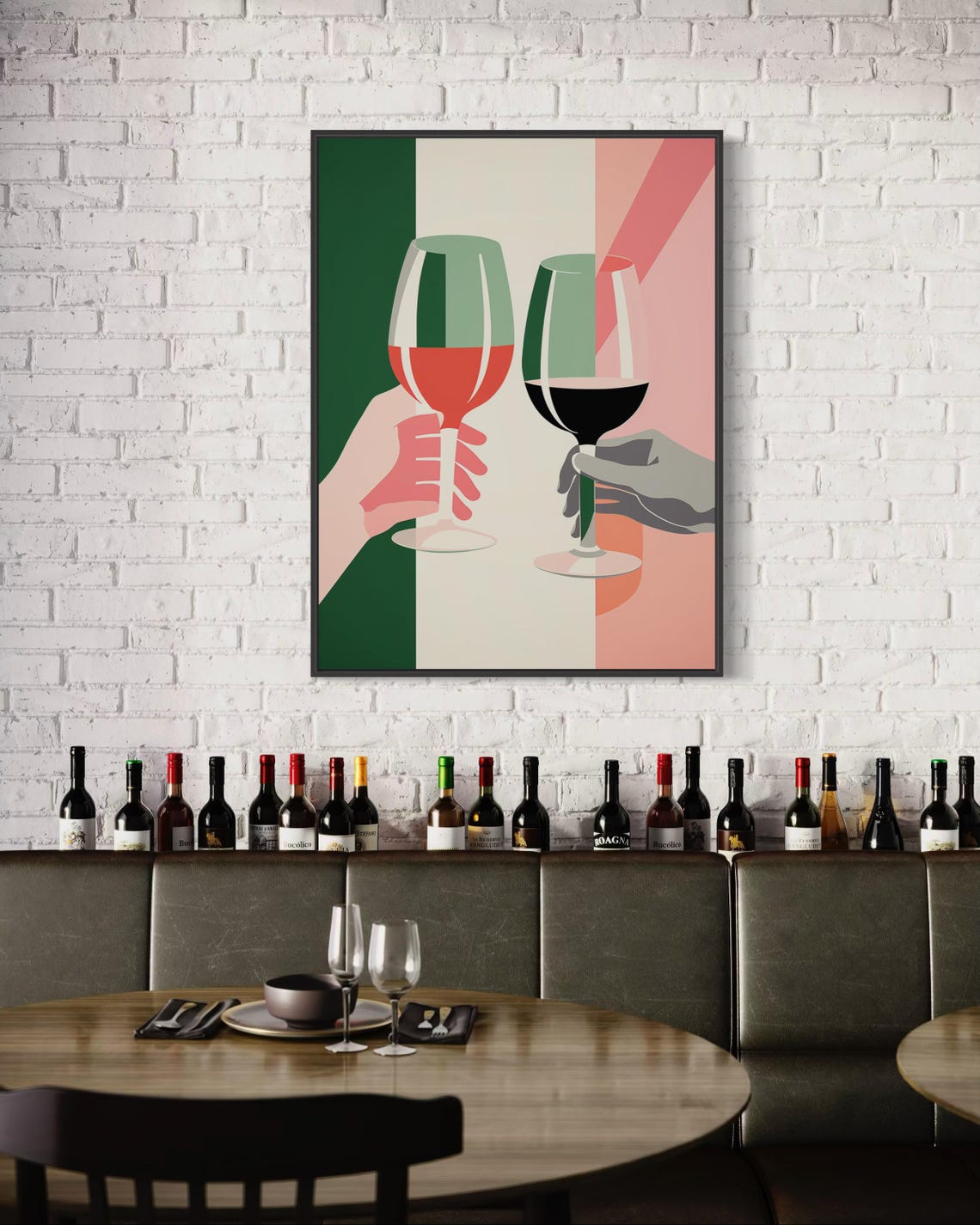 Modern Retro Wine Glass Toast Hands Green Pink Striped Wall Art - Image 3