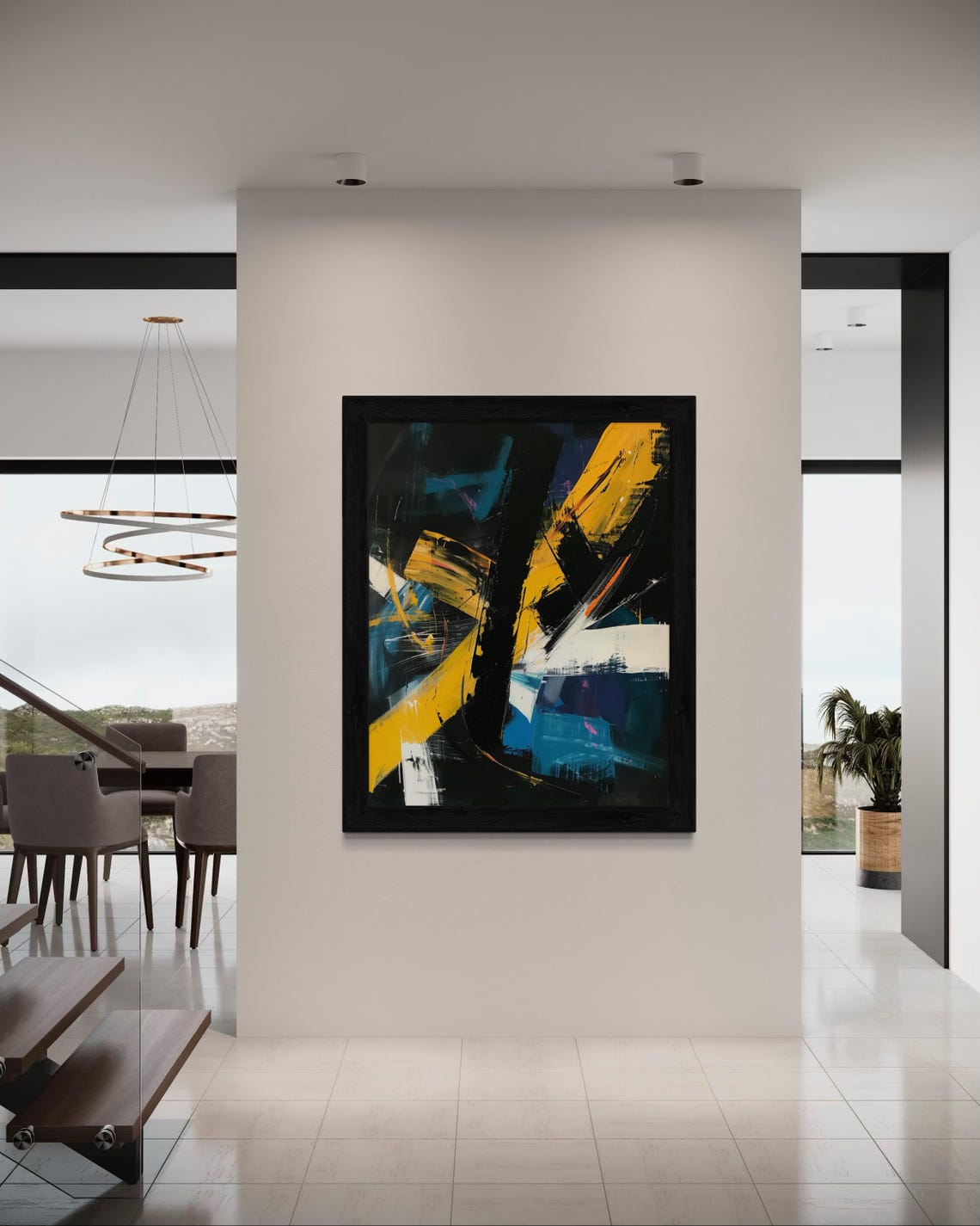 Dark Abstract Painting Yellow Blue White Bold Modern Wall Art