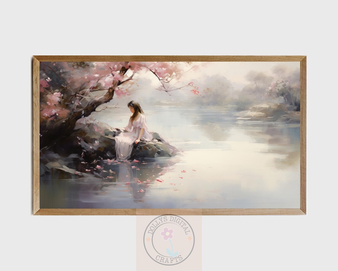 Woman Misty Lake Cherry Blossom Rocks Serene Calm Art Poster