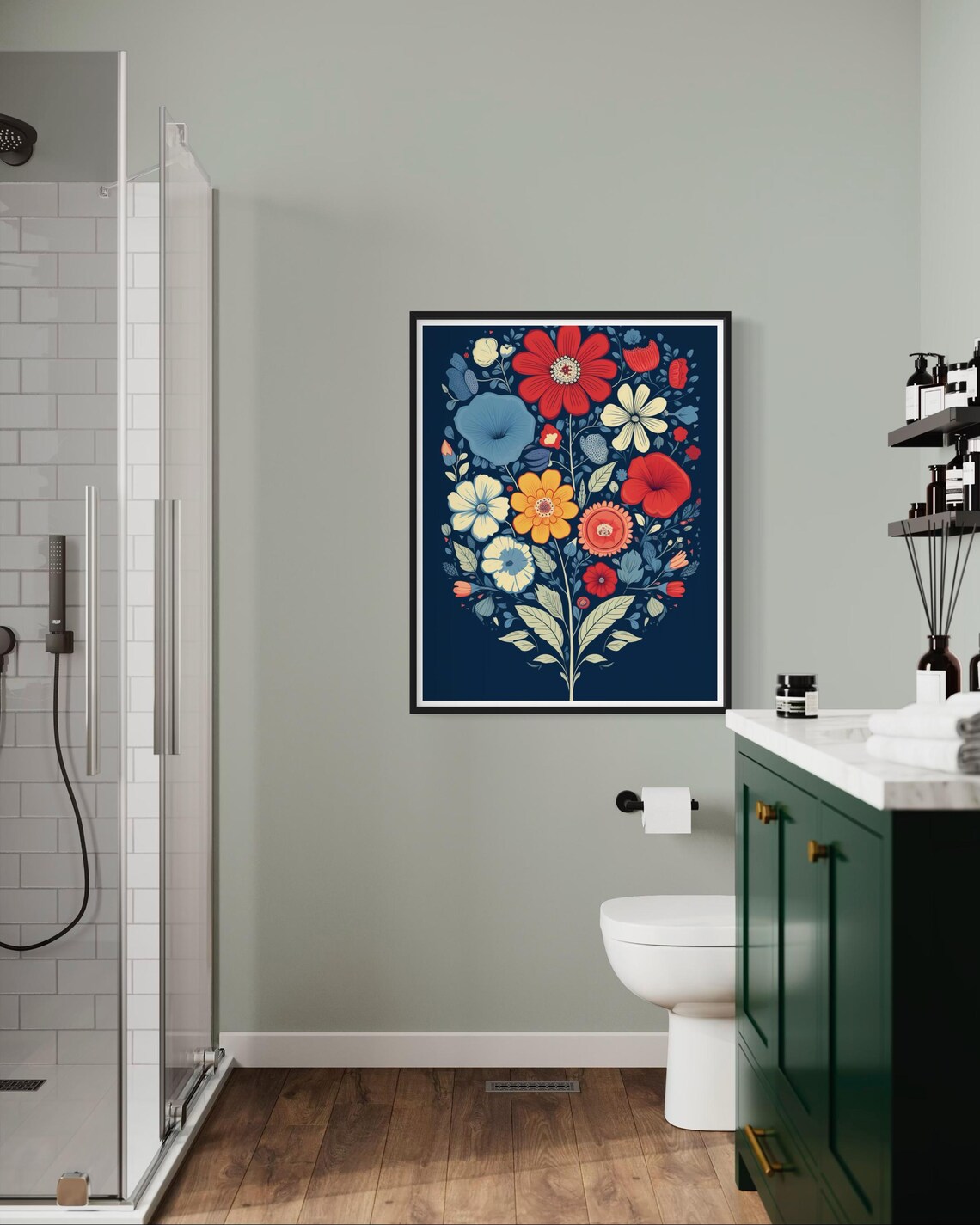 Folk Flower Bouquet On Dark Navy Red Orange Blossom Art Poster - Image 7