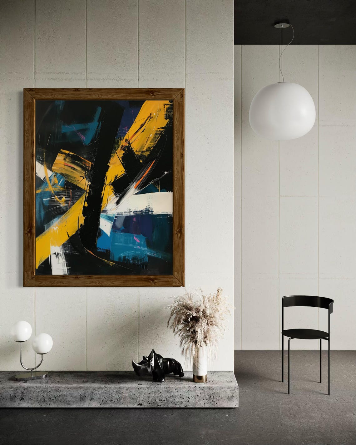 Dark Abstract Painting Yellow Blue White Bold Modern Wall Art - Image 7