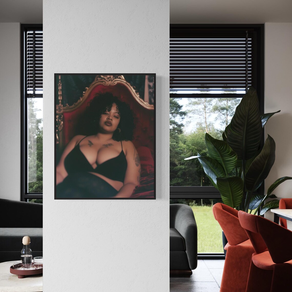 Boudoir Portrait Curvy Woman Black Lingerie Red Bed Art Poster - Image 4