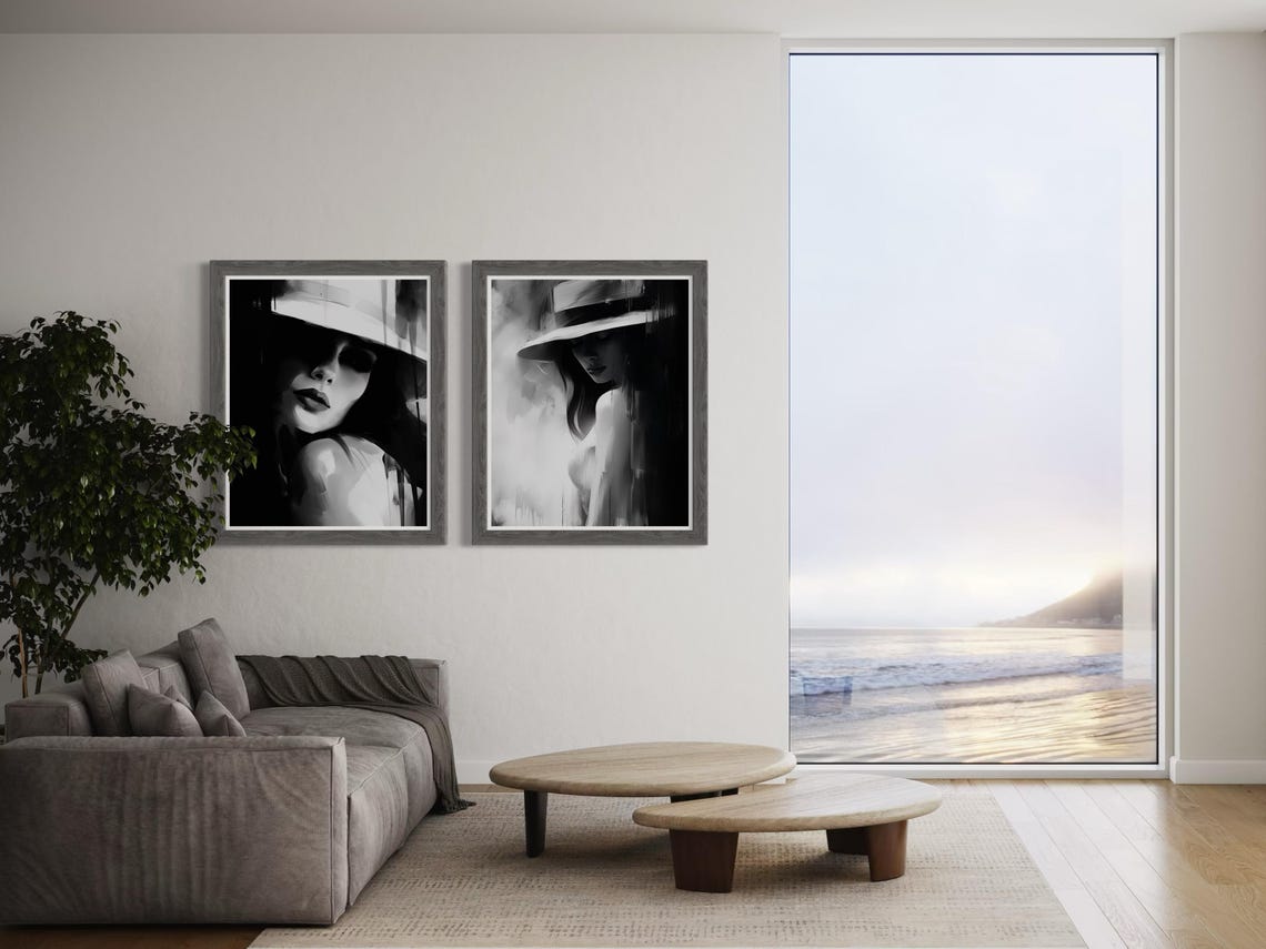 Two Piece Black And White Moody Woman Hat Portrait Wall Art Set - Image 5