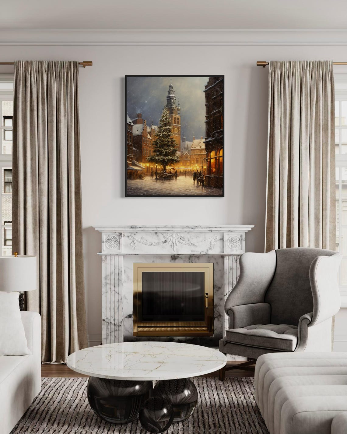 European Christmas Market Square Clock Tower Snowy Town Art Poster - Image 3