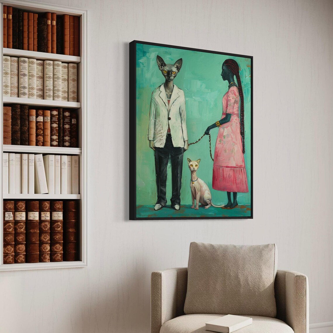Surreal Sphynx Cat Couple Portrait With Pink Dress Woman Art Poster - Image 2