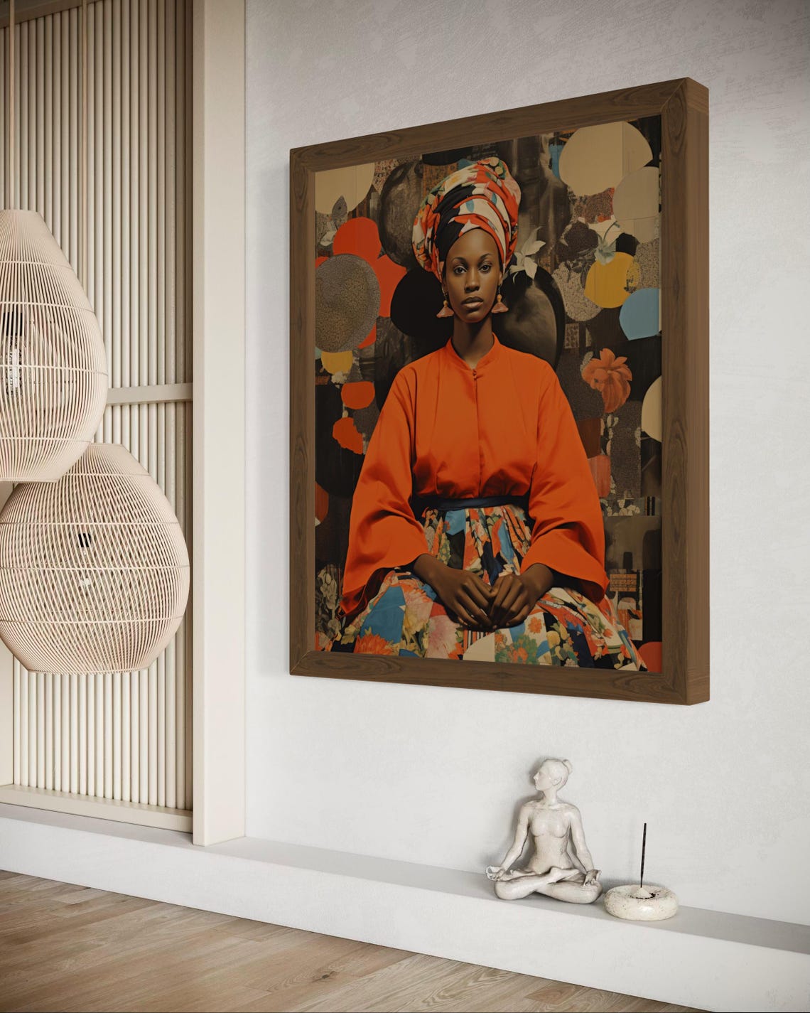 African Woman Orange Tunic Floral Skirt Elegant Portrait Poster - Image 3