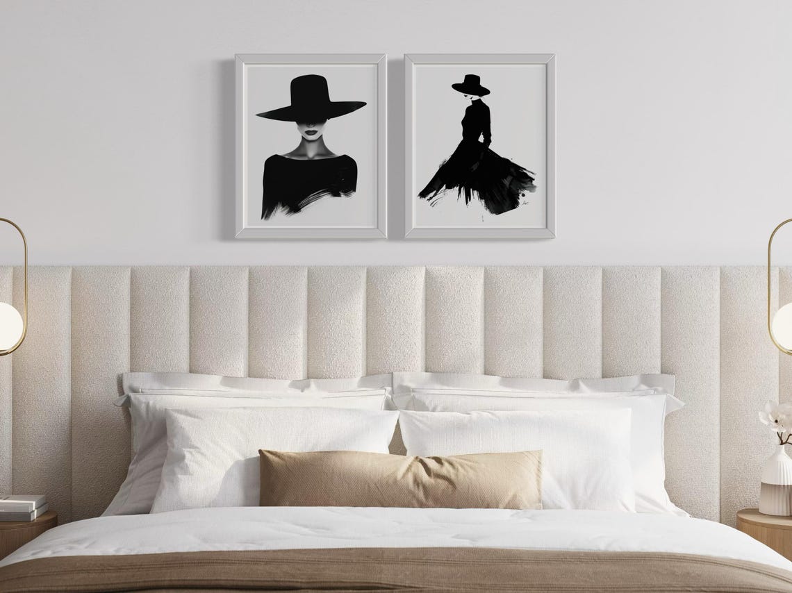 Two Piece Black And White Woman With Hat Portrait Art Print Set - Image 5