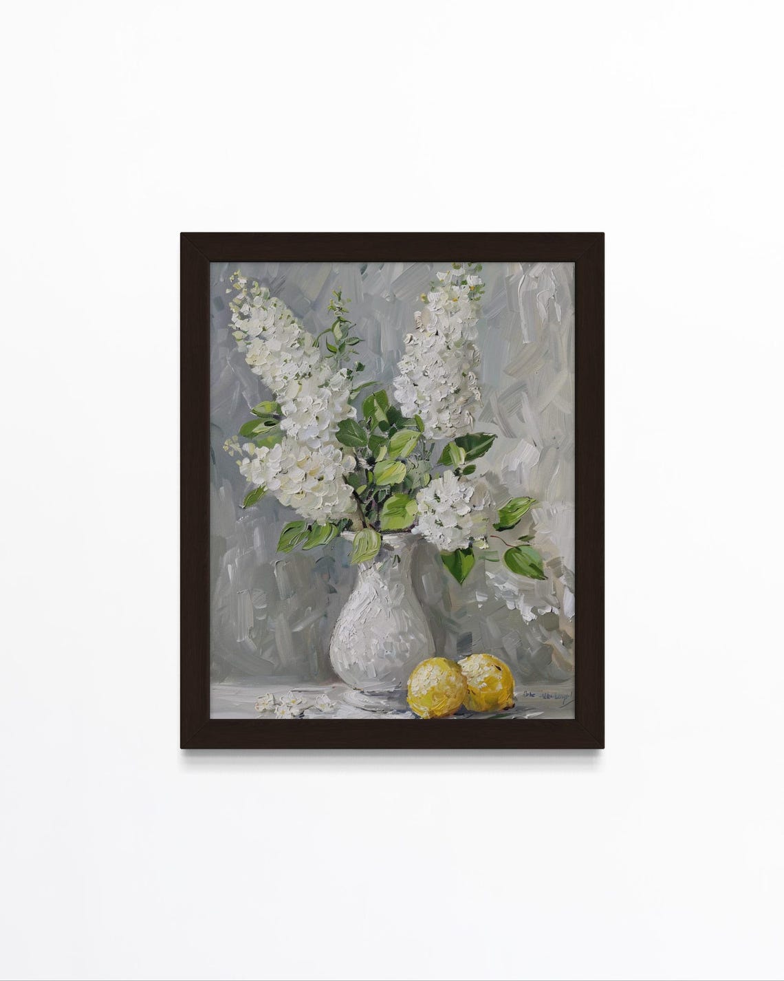 White Floral Bouquet Vase Lemons Elegant Still Life Oil Poster