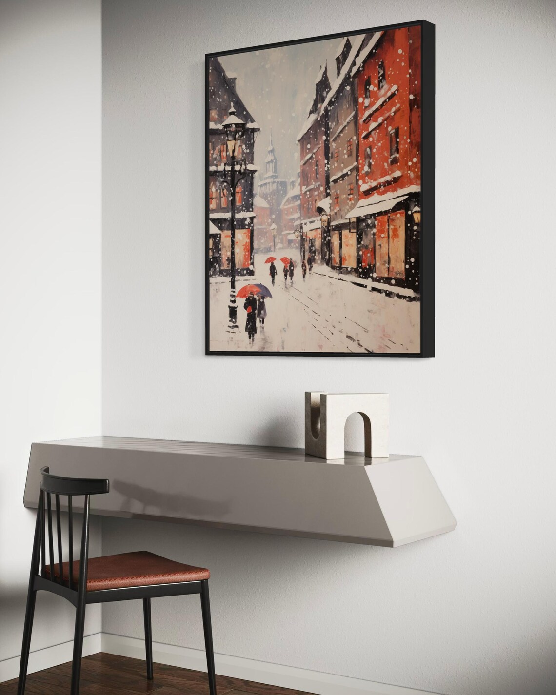 Snowy City Street Red Umbrellas Romantic Winter Scene Wall Poster - Image 5