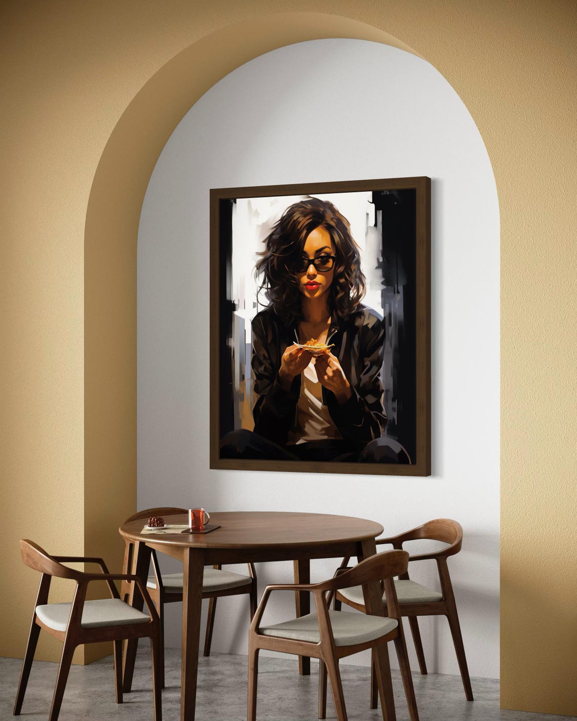Stylish Woman With Sunglasses Eating Urban Brushstroke Art Poster - Image 6