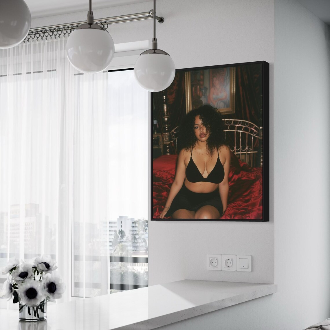 Boudoir Photo Woman Black Lingerie Red Satin Bedroom Art Poster - Image 3