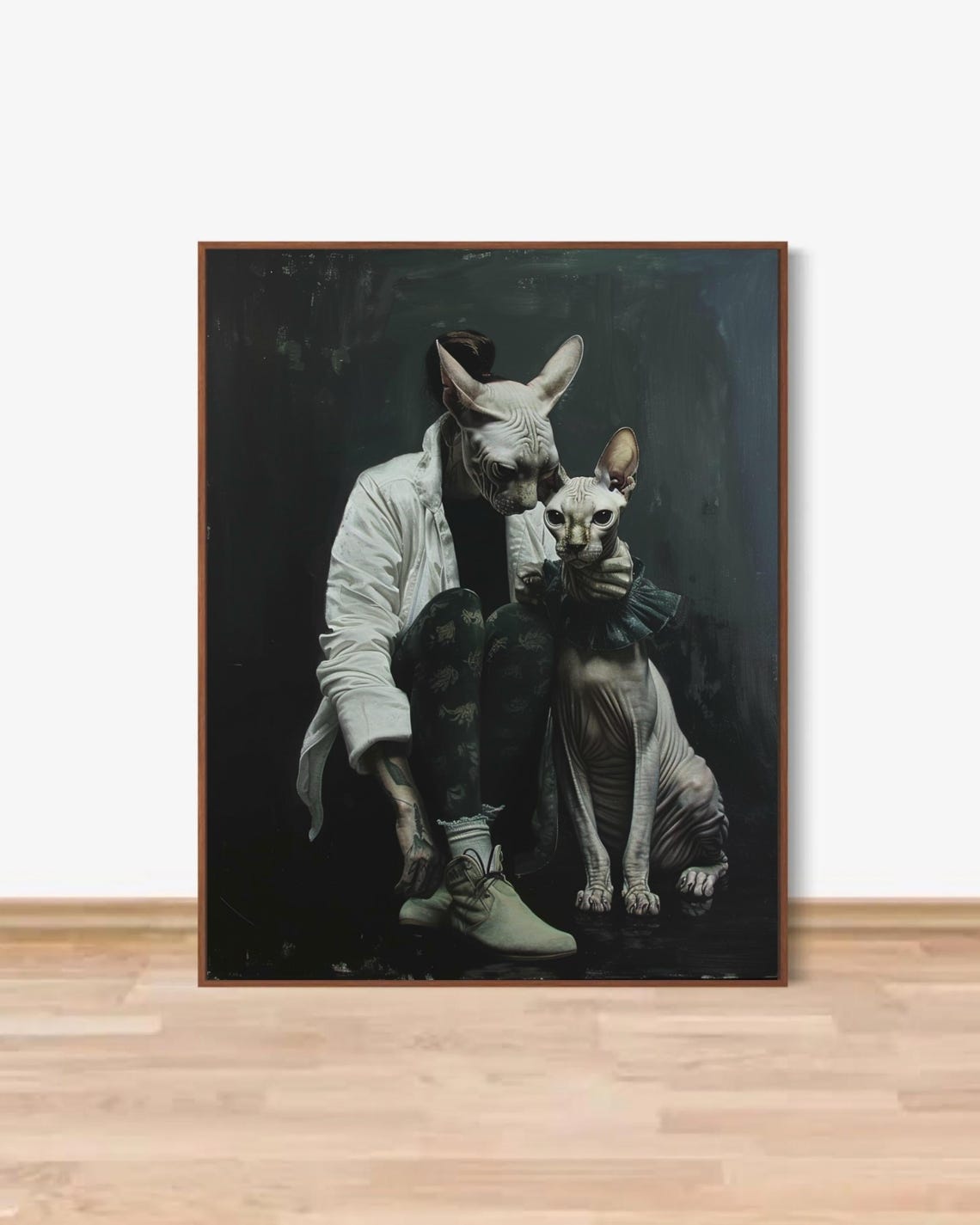 Sphynx Cat Head Human Portrait Dark Academia Cat Lover Wall Art