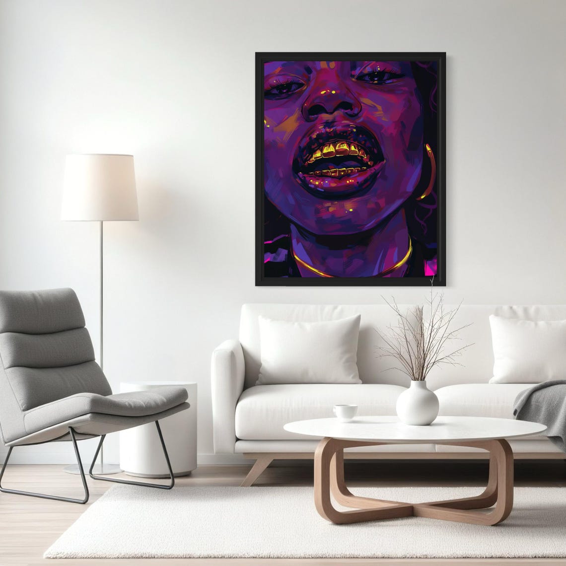 Neon Purple Portrait With Gold Grillz and Hoop Earring Art Poster - Image 3
