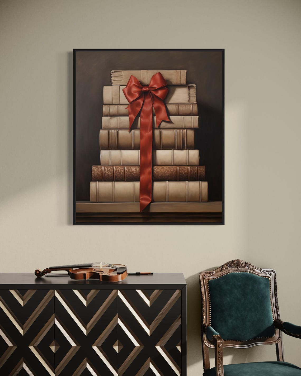 Antique Books Stack Red Ribbon Bow Vintage Library Decor Wall Art - Image 7