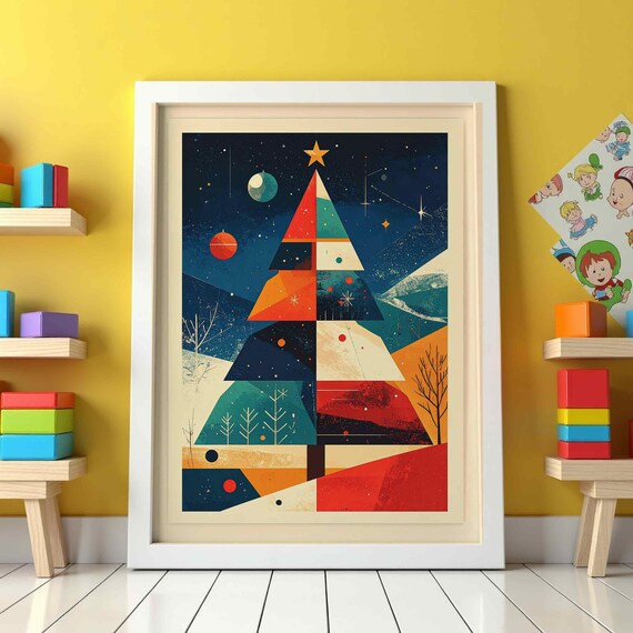 Geometric Modern Christmas Tree Starry Night Holiday Wall Art