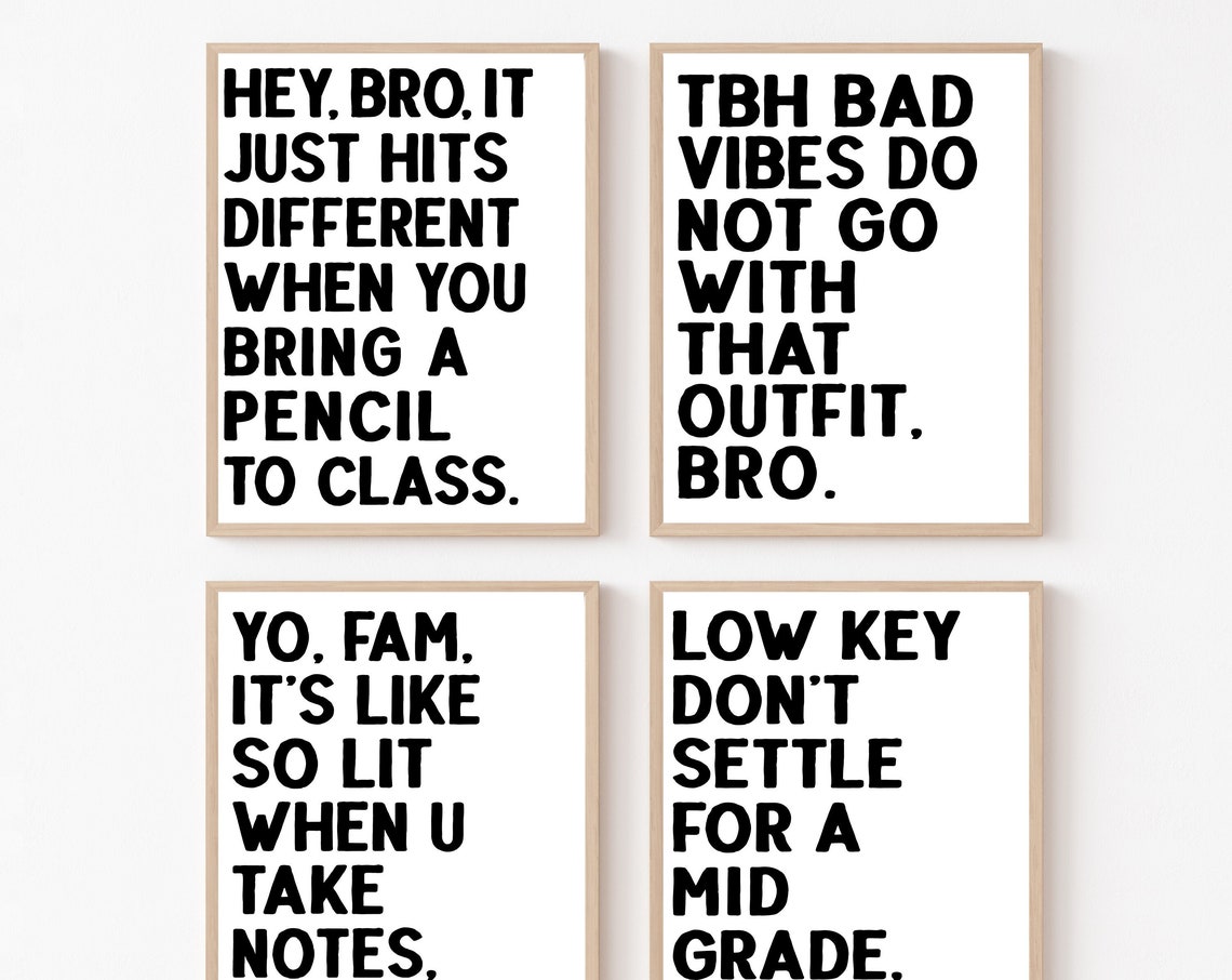 Funny High School Classroom Slang Posters Set Of 4 Black Type Wall Art