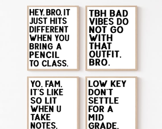 Funny High School Classroom Slang Posters Set Of 4 Black Type Wall Art