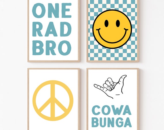 Boho Beach Nursery Toddler Boy Room Surf Decor Kids Gallery Wall Retro Playroom Little Bro Blue Yellow Art Shaka
