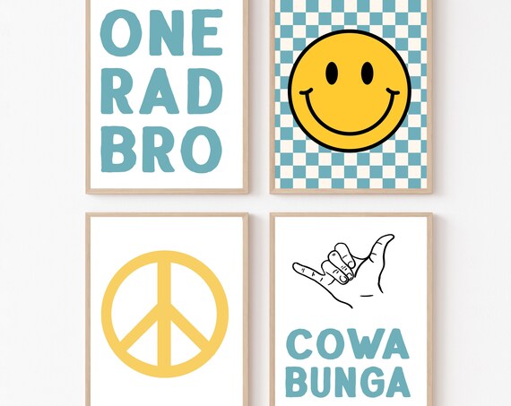 Retro Surf Four Piece Set One Rad Bro Smiley Shaka Cowabunga Art Poster