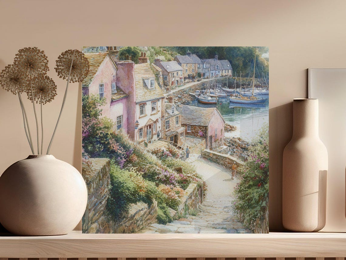 Watercolor Fishing Village With Boats Anchored in the Harbor Poster - Image 3