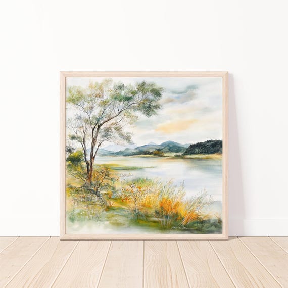 Watercolor Landscape Serene Nature Art Print Peaceful Lakeside Scenery Minimalist Wall Art Decor 20x20