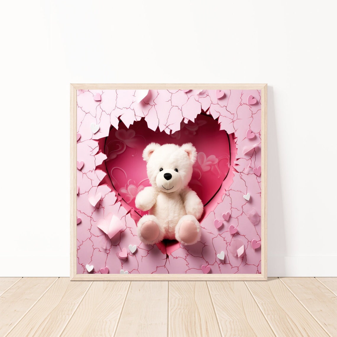 White Teddy Bear Bursting From Pink 3D Heart Nursery Gift Poster