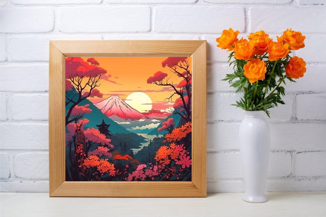 Mount Fuji Sunset Blazing Orange Blossom Valley Sunset Art Poster - Image 2