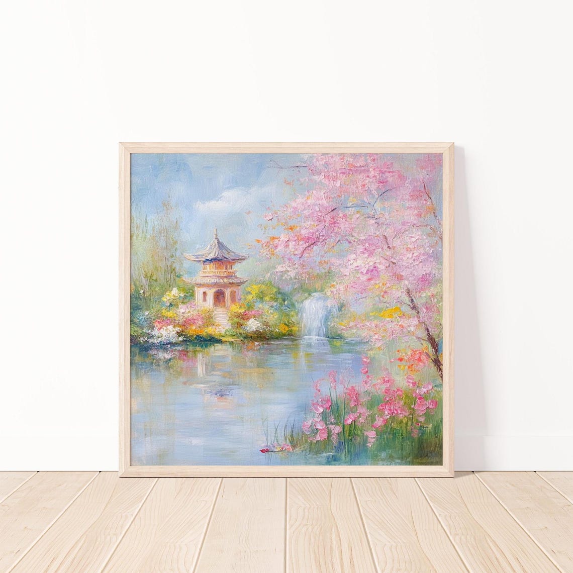 Pagoda by Waterfall with Cherry Blossoms Spring Watercolor Poster