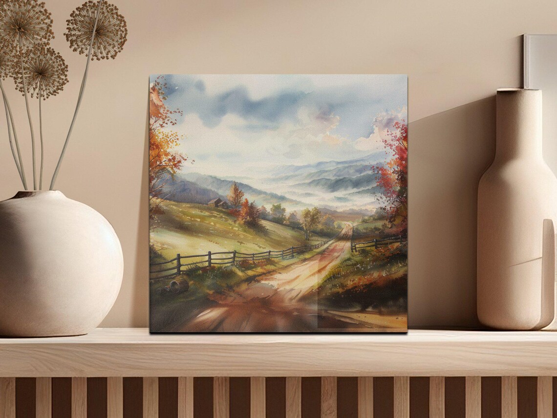 Scenic Watercolor Countryside Autumn Landscape Art Print - Image 2