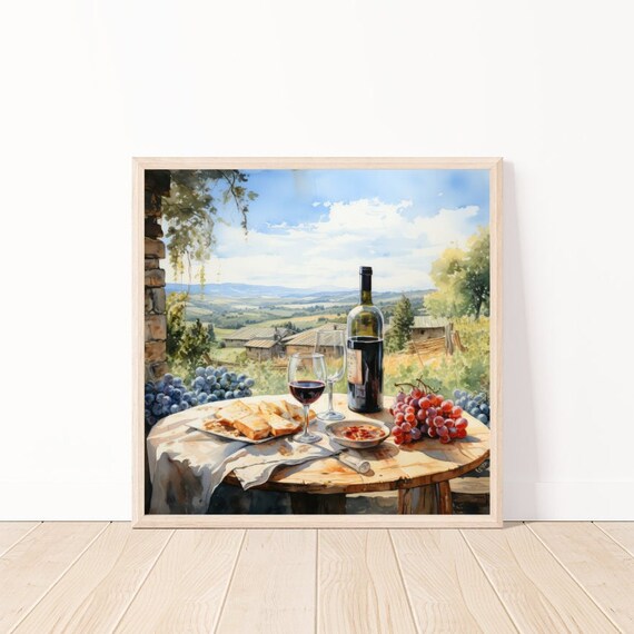 Wine Cheese and Grapes Still Life Overlooking Sunny Valley Poster