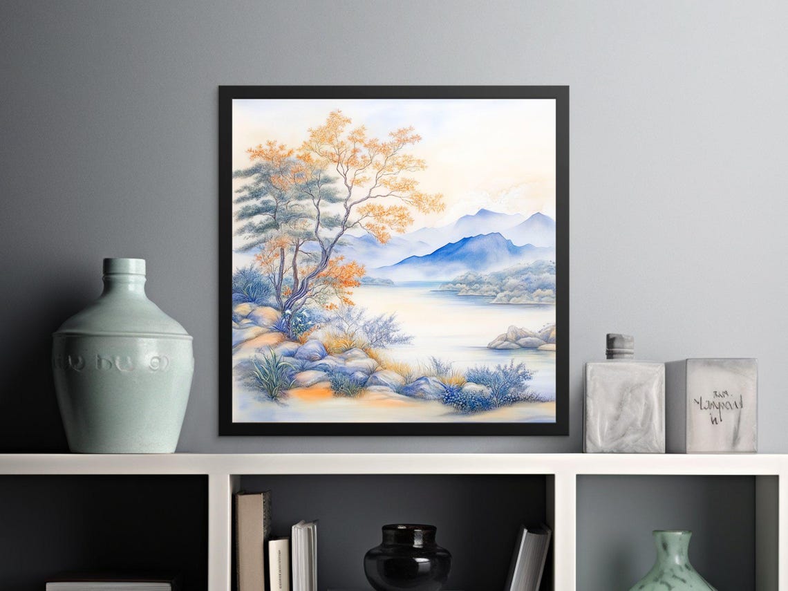 Serene Blue Mountain Landscape Golden Tree Rocky Shore Calm Art Poster